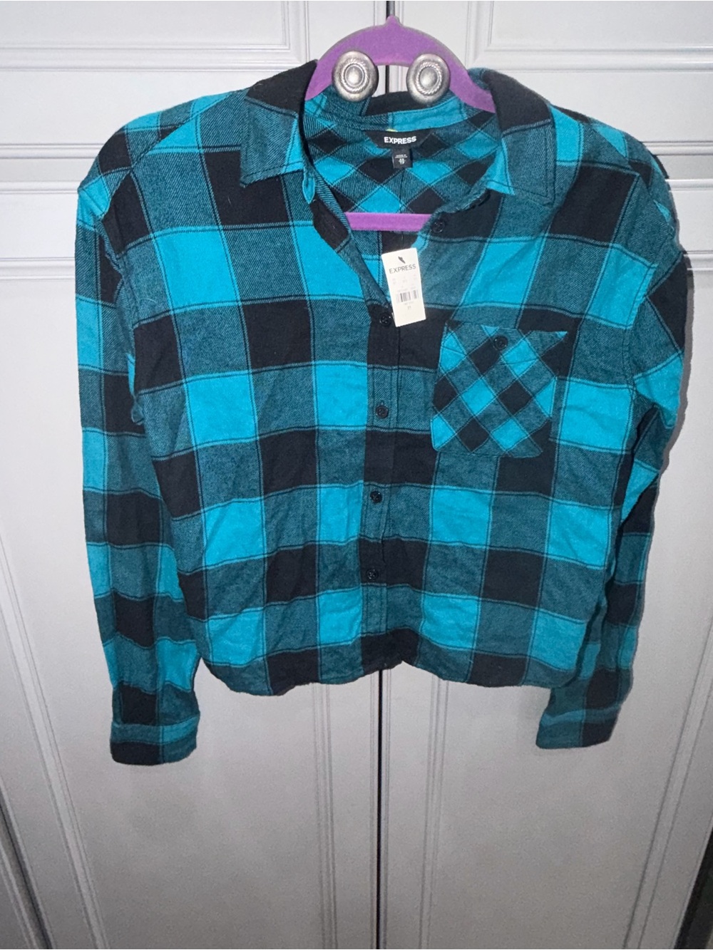 Express women’s blue/black plaid button front cropped shirt size XS NWT - Picture 4 of 6